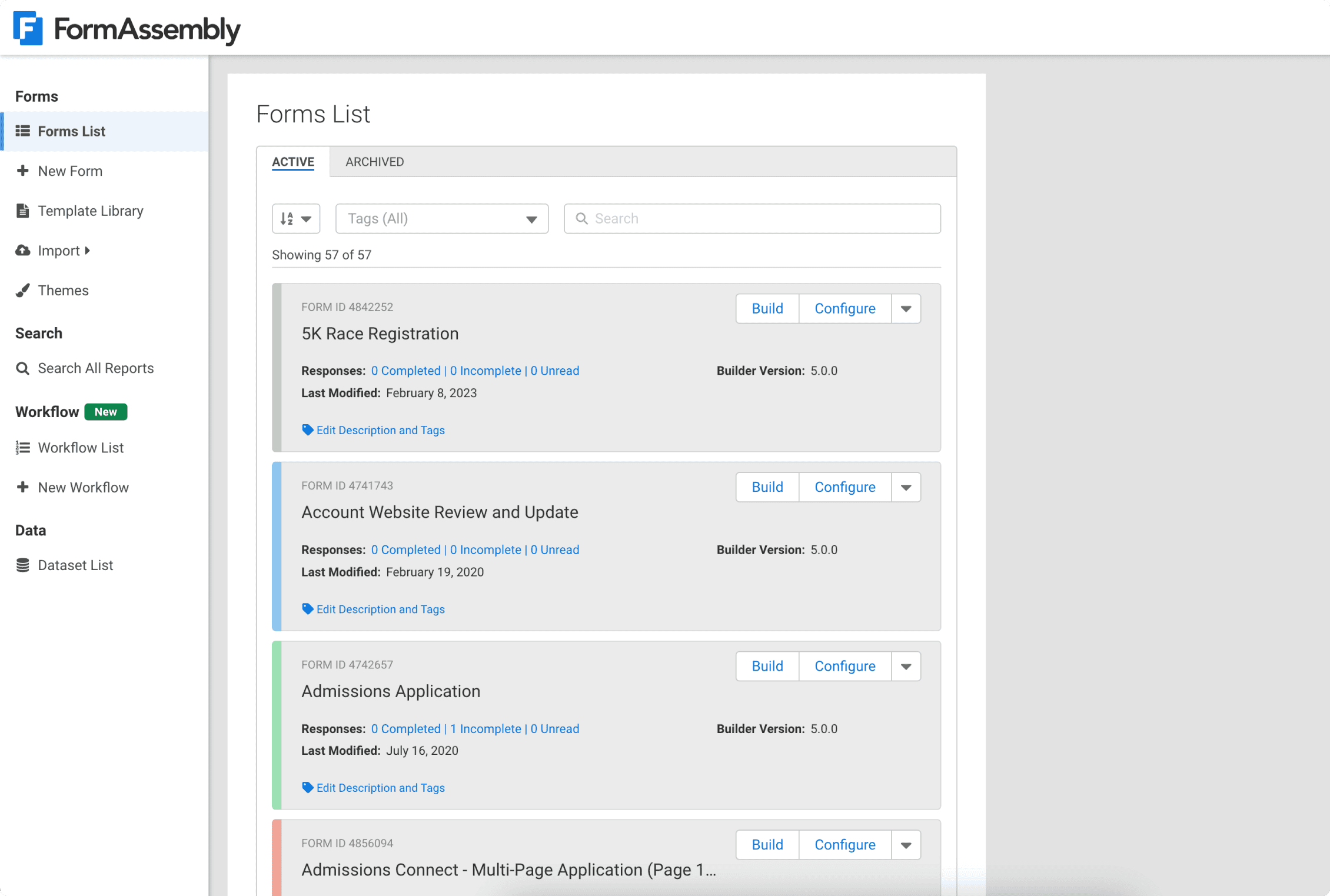 FormAssembly dashboard with a list of forms