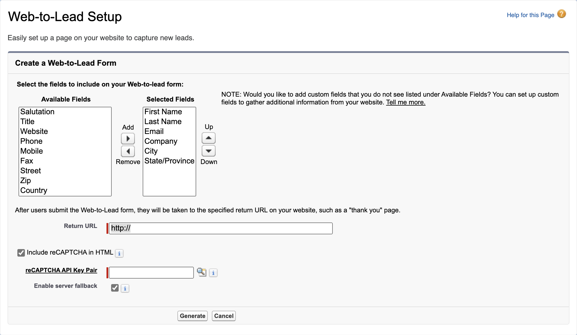 Salesforce's Web-to-lead setup page with available fields and selected fields