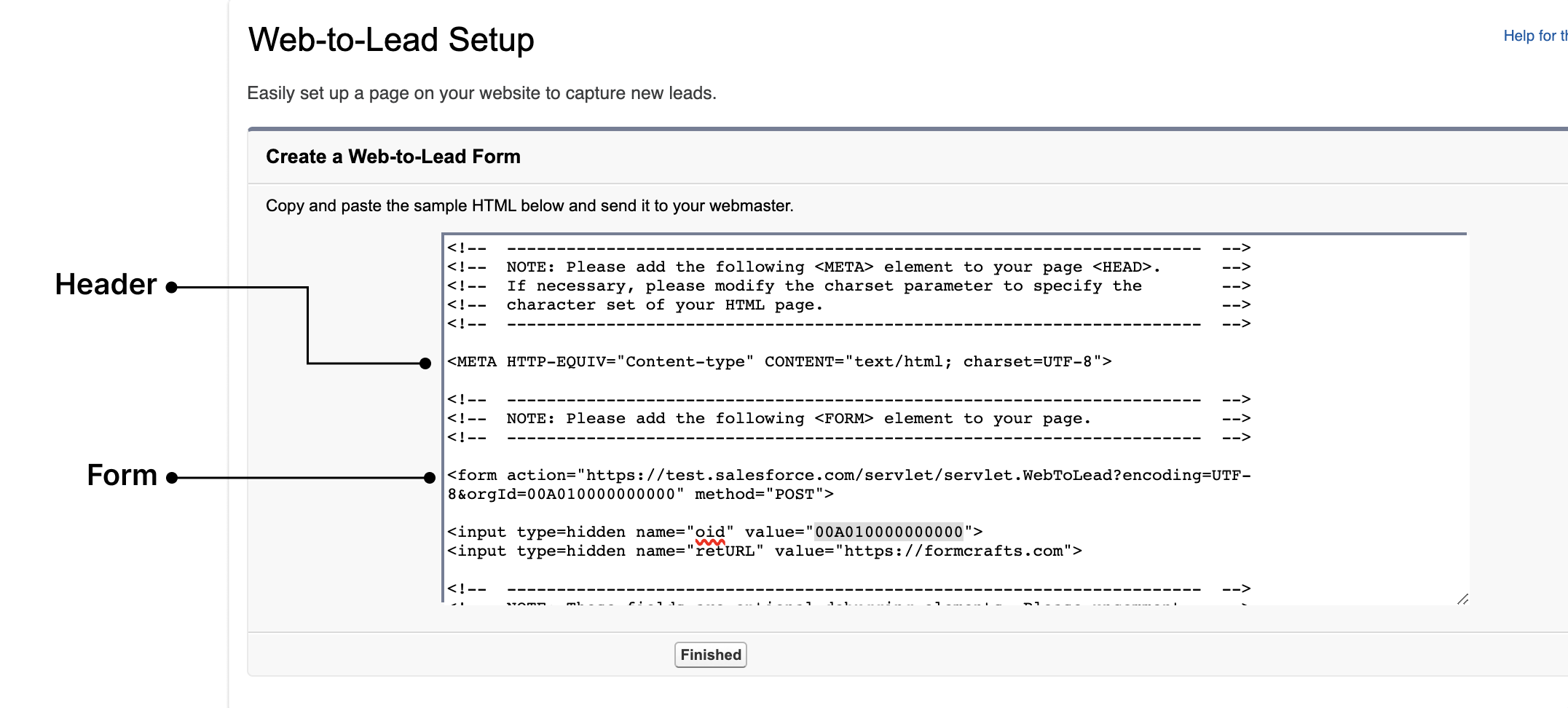 Web-to-lead HTML code page with header and footer sections of the code marked out